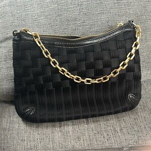 Cole Haan Black Woven Shoulder Bag Gold Chain Strap Boho Purse Leather Trim